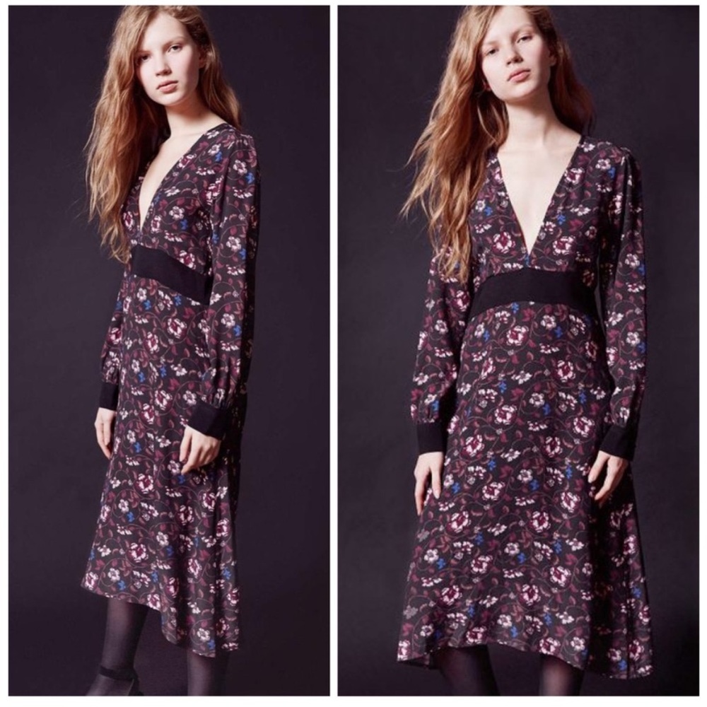 FOR LOVE & LEMONS Floral V-Neck Midi Dress Black Long Sleeve Pink Blue M…